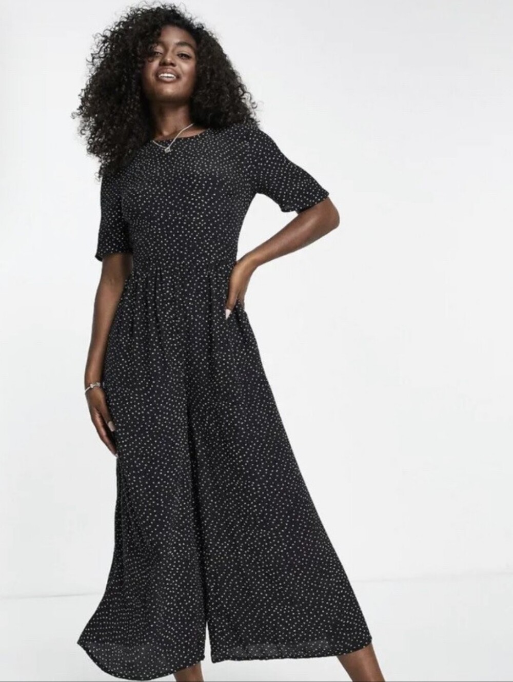 ASOS Black White Polka Dot Wide Leg Cropped Jumpsuit Short Sleeve Small 6